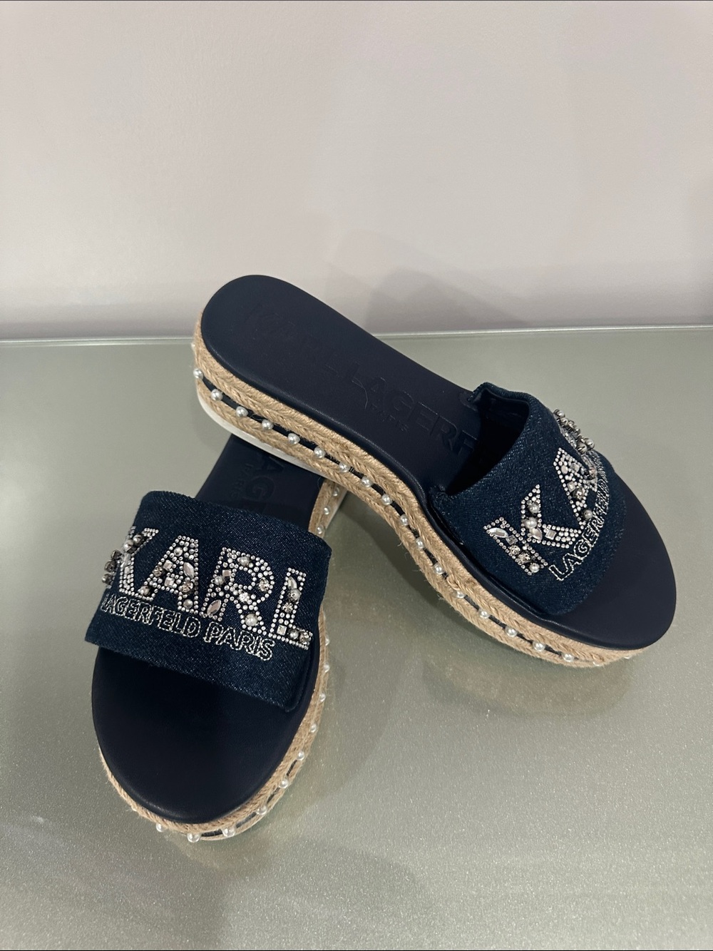 Karl Lagerfeld Black Crystal Logo Espadrille Slide